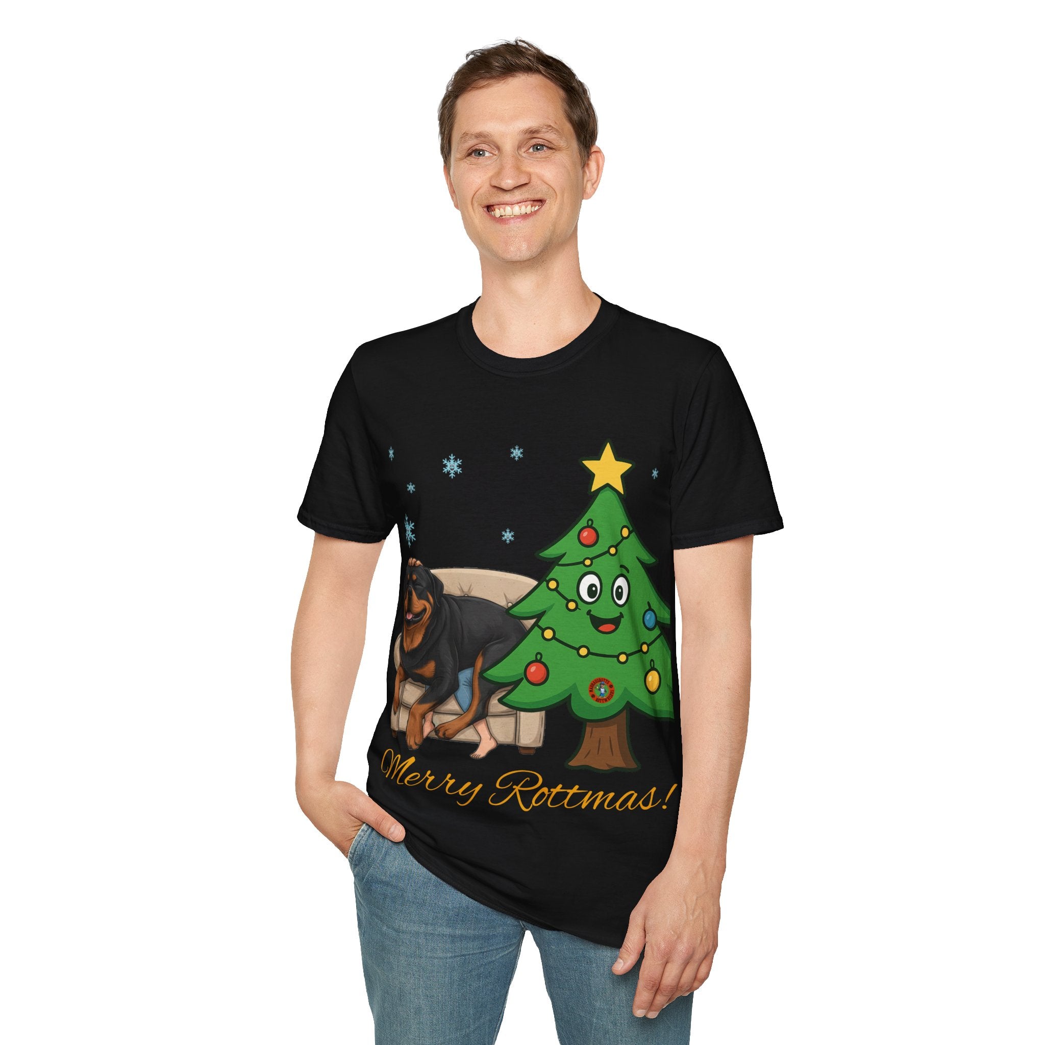 Rottweiler Lounging on Human Lap Christmas T-Shirt