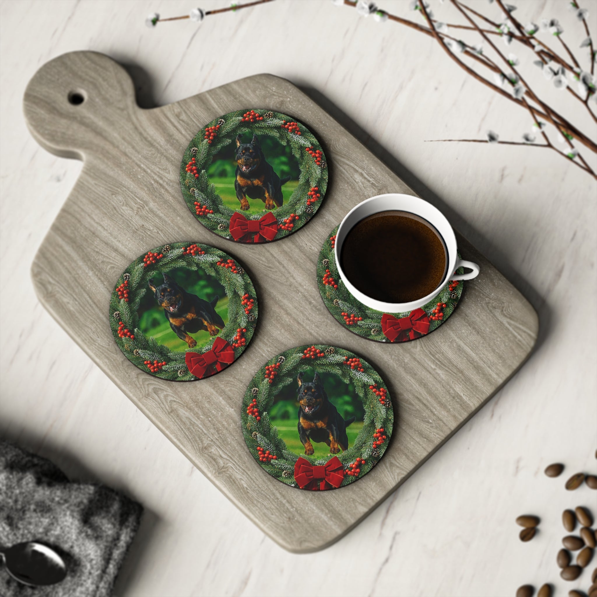 Rottweiler Christmas Coasters — Set of 4 'Doc' Holiday Drink Coasters (9.5cm)