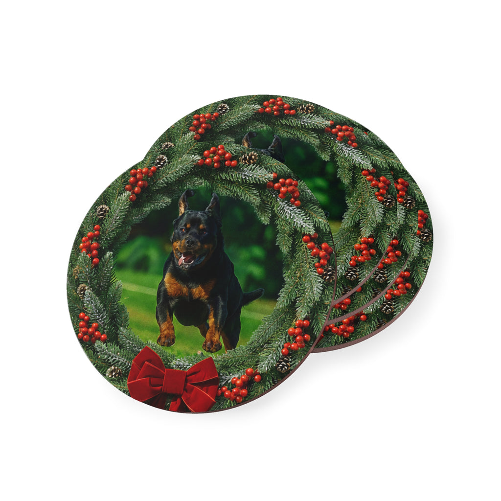 Rottweiler Christmas Coasters — Set of 4 'Doc' Holiday Drink Coasters (9.5cm)